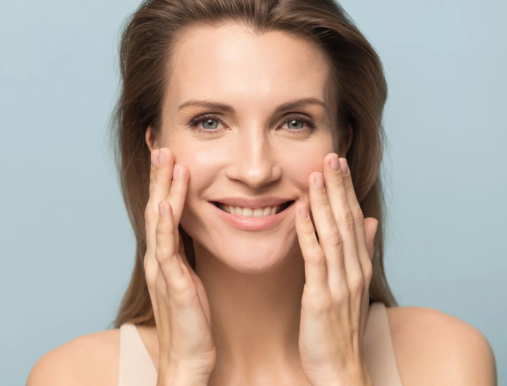 Smiling millennial woman touch healthy breathing skin Facelift in Orlando, FL